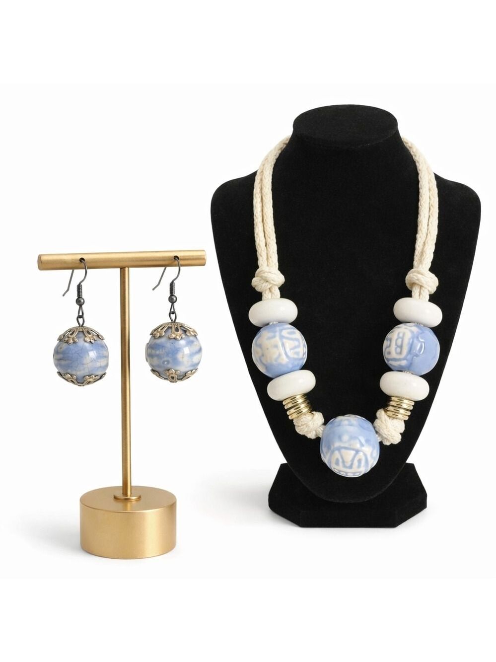 Artisan Blue & White Ceramic Statement Necklace & Earrings Set